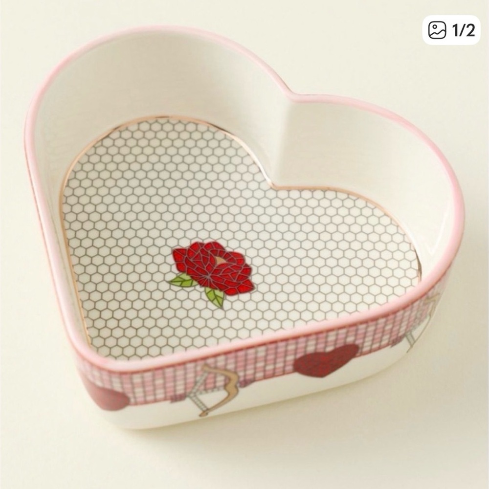Anthropologie Bistro Tile ramekin Heart-Shaped Pink and White Dish